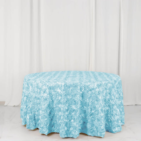 Satin 120" Round Tablecloth Light Blue - Grandiose 3D Rosette with Seamless Finish Table Cover