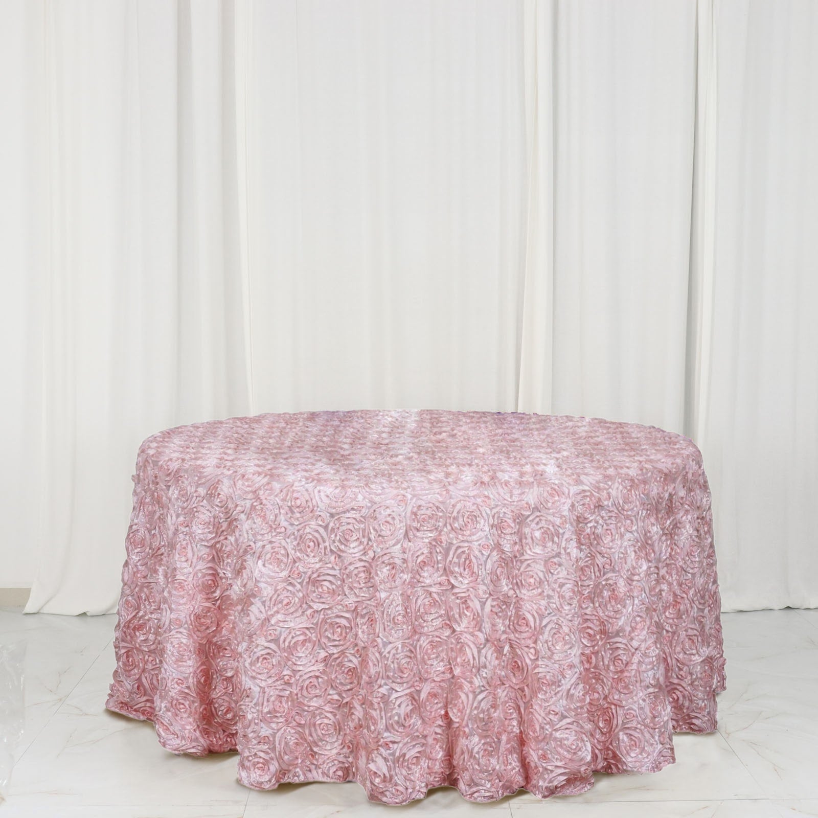 Satin 120" Round Tablecloth Blush - Grandiose 3D Rosette with Seamless Finish Table Cover