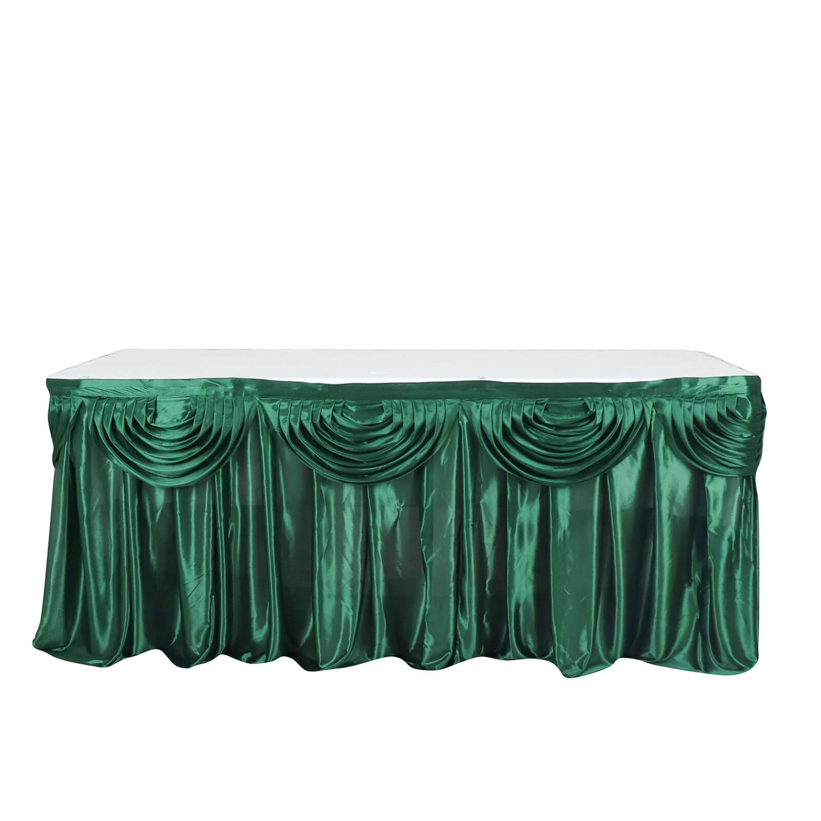 Satin 14ft Table Skirt Hunter Emerald Green - Pleated Double Drape Table Cover