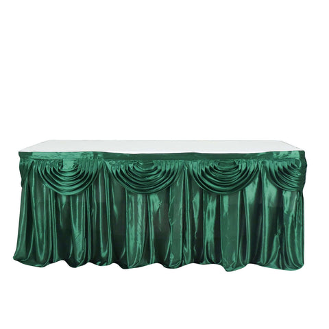 Satin 14ft Table Skirt Hunter Emerald Green - Pleated Double Drape Table Cover