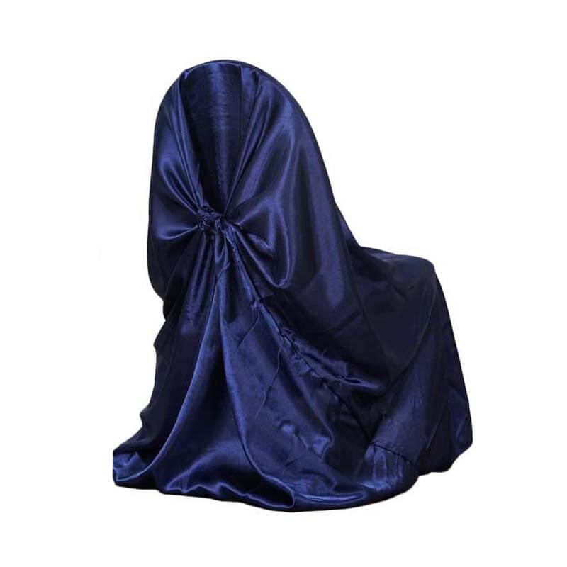 Satin Chair Cover Self-Tie Universal Design Navy Blue - Durable Slip-On Cover for Folding, Dining, Banquet & Standard Chairs