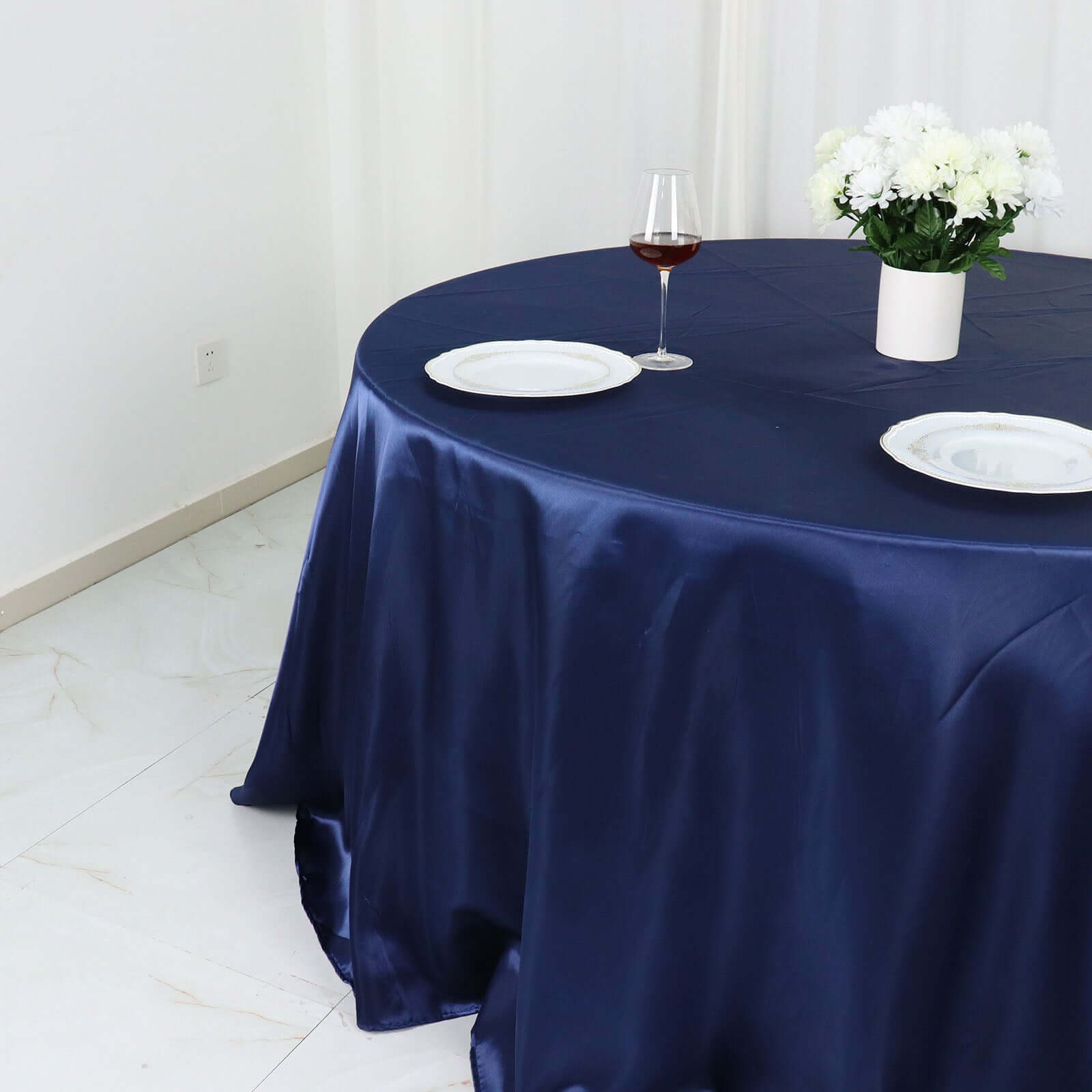 Satin 132" Round Tablecloth Navy Blue - Stylish Seamless Table Cover