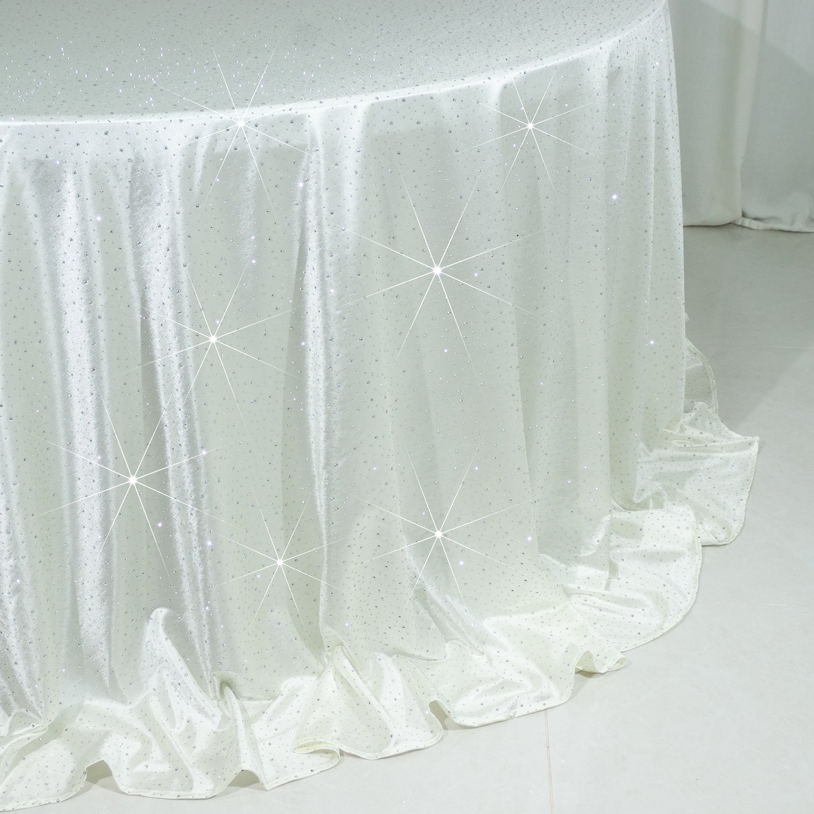 Scuba Round Tablecloth 132″ Pearl White with Rhinestone Accents – Seamless, Wrinkle-Free, Stain-Resistant Event Linen