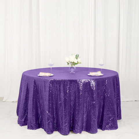 Sequin 120" Round Tablecloth Purple - Seamless Glittering Table Cover