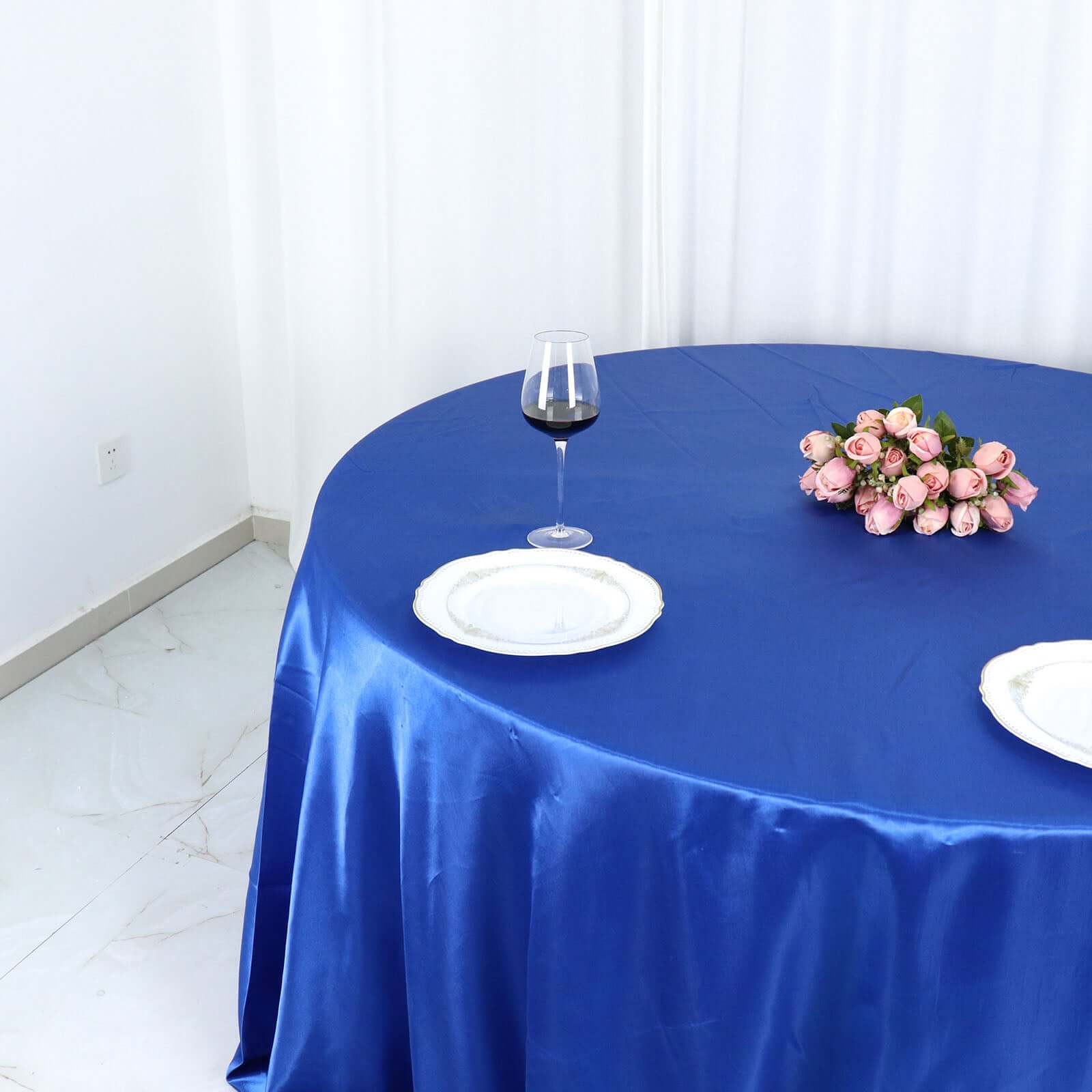 Satin 132" Round Tablecloth Royal Blue - Stylish Seamless Table Cover