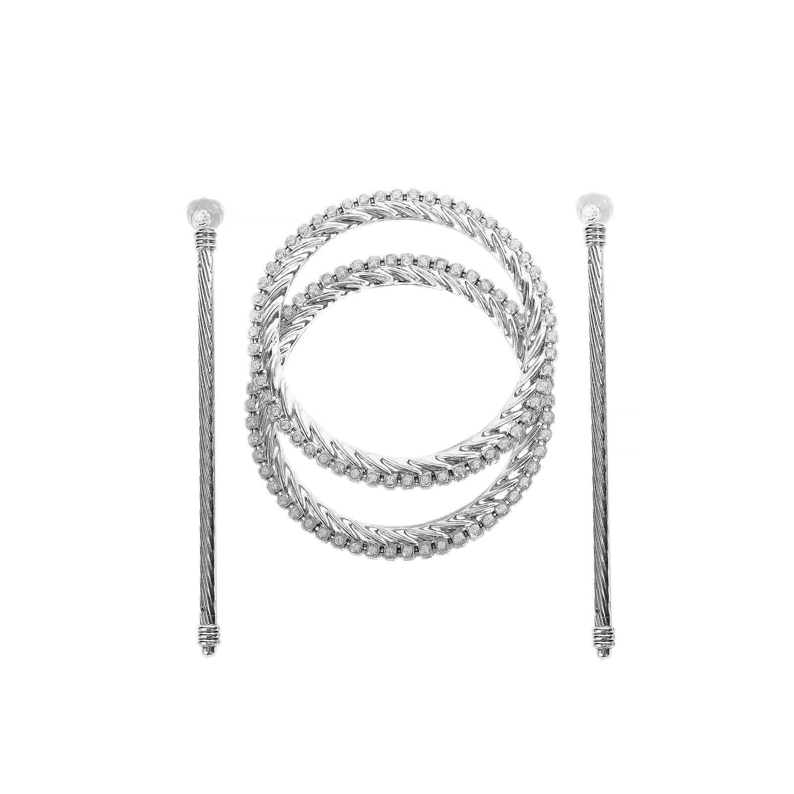 Set of 2 6" Silver Acrylic Braided Barrette Style Curtain Tie Backs With Crystal Diamond Studded Edge, Round Backdrop Drapery Brooch Holdbacks