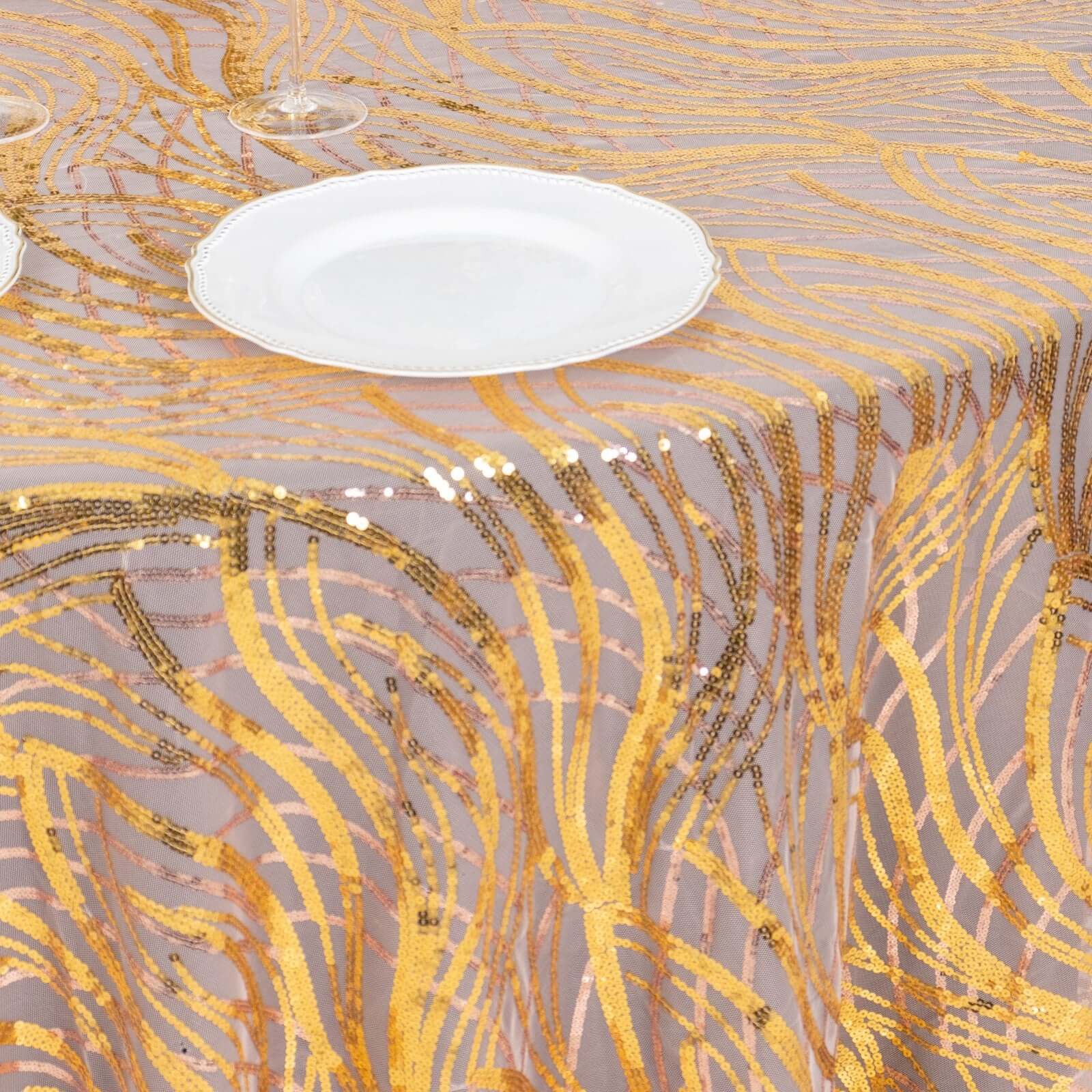 Sequin Mesh 120" Round Tablecloth Rose Gold/Gold - Seamless Wave Embroidered Table Cover