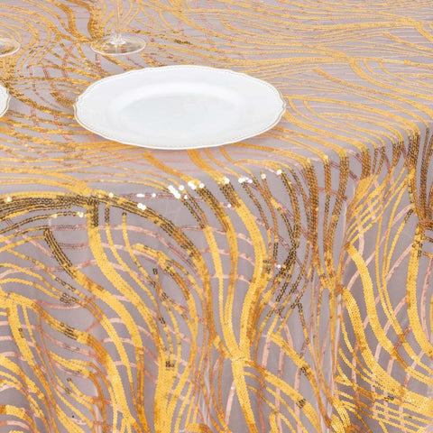 Sequin Mesh 120" Round Tablecloth Rose Gold/Gold - Seamless Wave Embroidered Table Cover