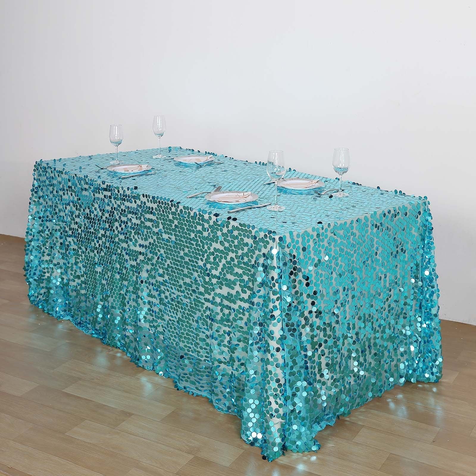 Sequin 90"x132" Rectangle Tablecloth Turquoise - Seamless Big Payette Table Cover