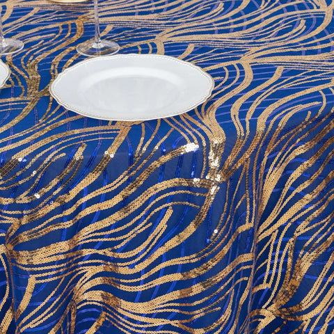 Sequin Mesh 120" Round Tablecloth Royal Blue/Gold - Seamless Wave Embroidered Table Cover