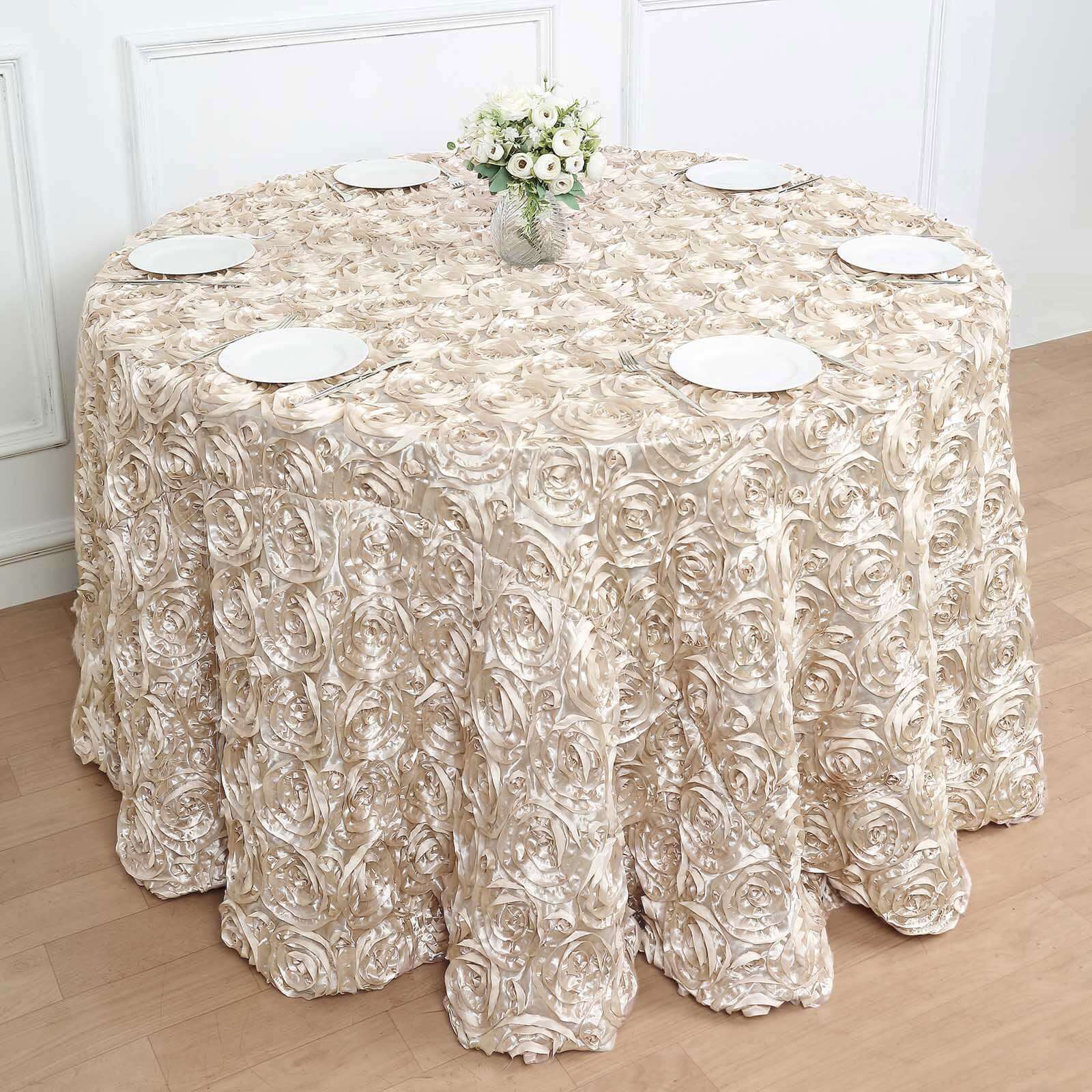 Satin 120" Round Tablecloth Beige - Grandiose 3D Rosette with Seamless Finish Table Cover