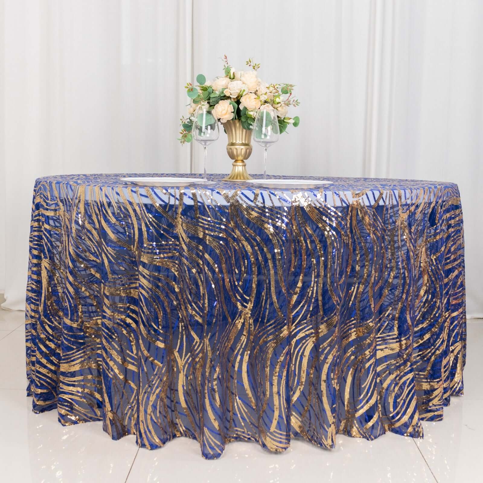 Sequin Mesh 120" Round Tablecloth Royal Blue/Gold - Seamless Wave Embroidered Table Cover