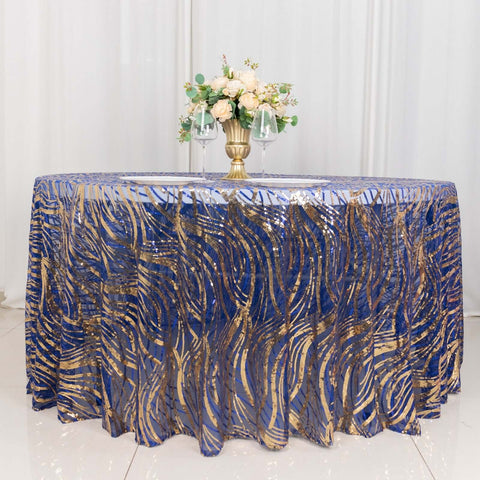 Sequin Mesh 120" Round Tablecloth Royal Blue/Gold - Seamless Wave Embroidered Table Cover