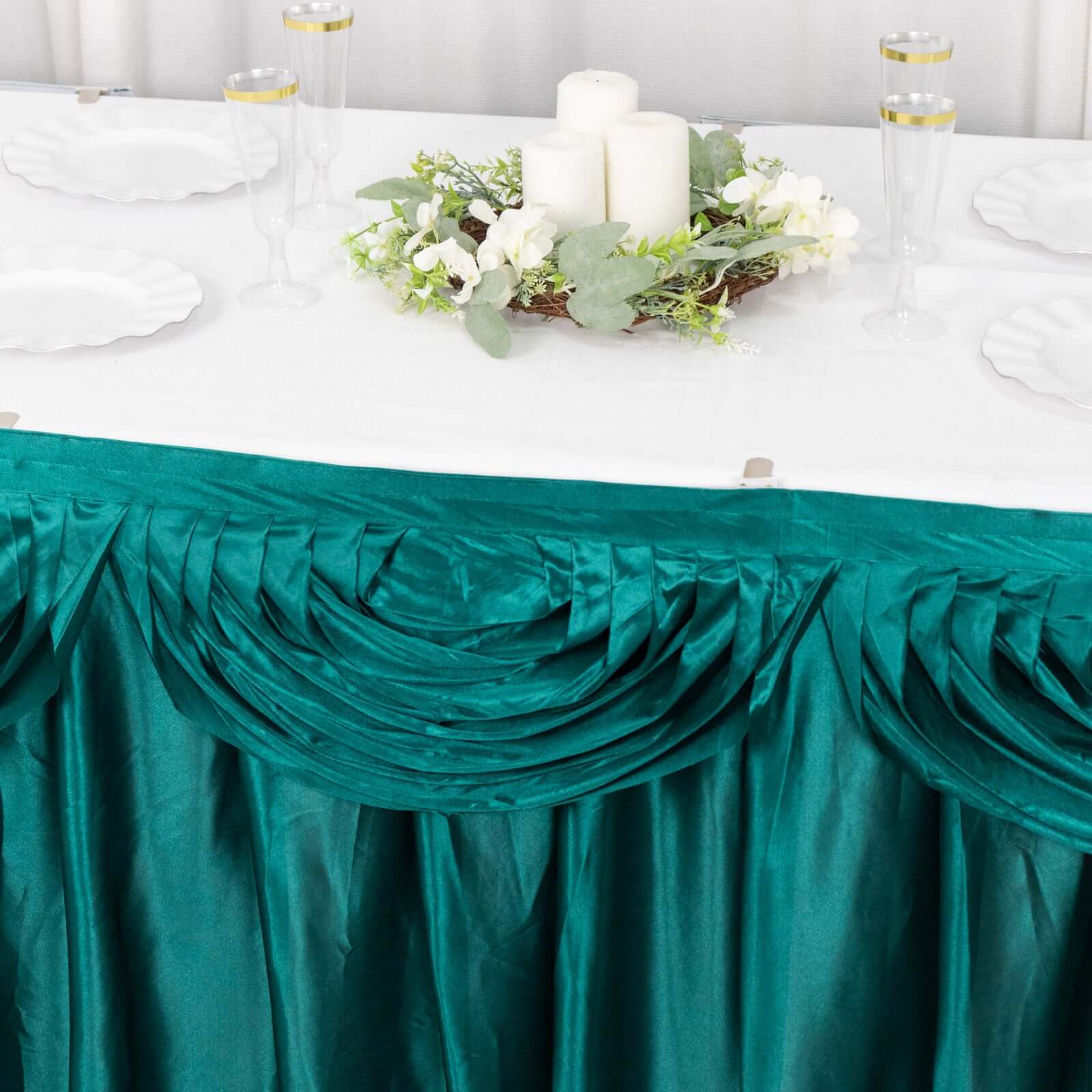 Satin 14ft Table Skirt Peacock Teal - Pleated Double Drape Table Cover