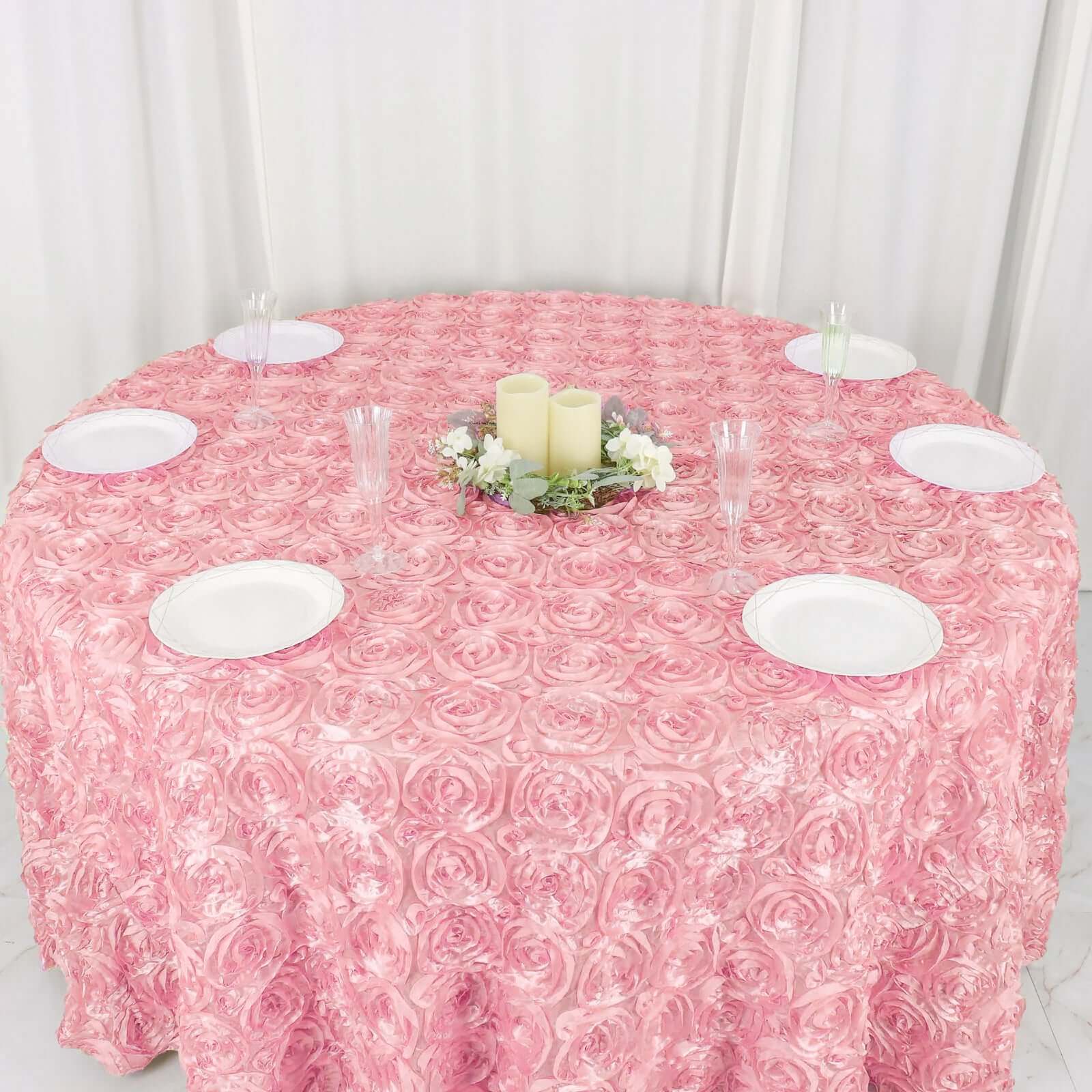 Satin 120" Round Tablecloth Pink - Grandiose 3D Rosette with Seamless Finish Table Cover