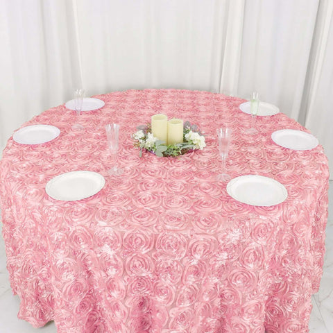 Satin 120" Round Tablecloth Pink - Grandiose 3D Rosette with Seamless Finish Table Cover