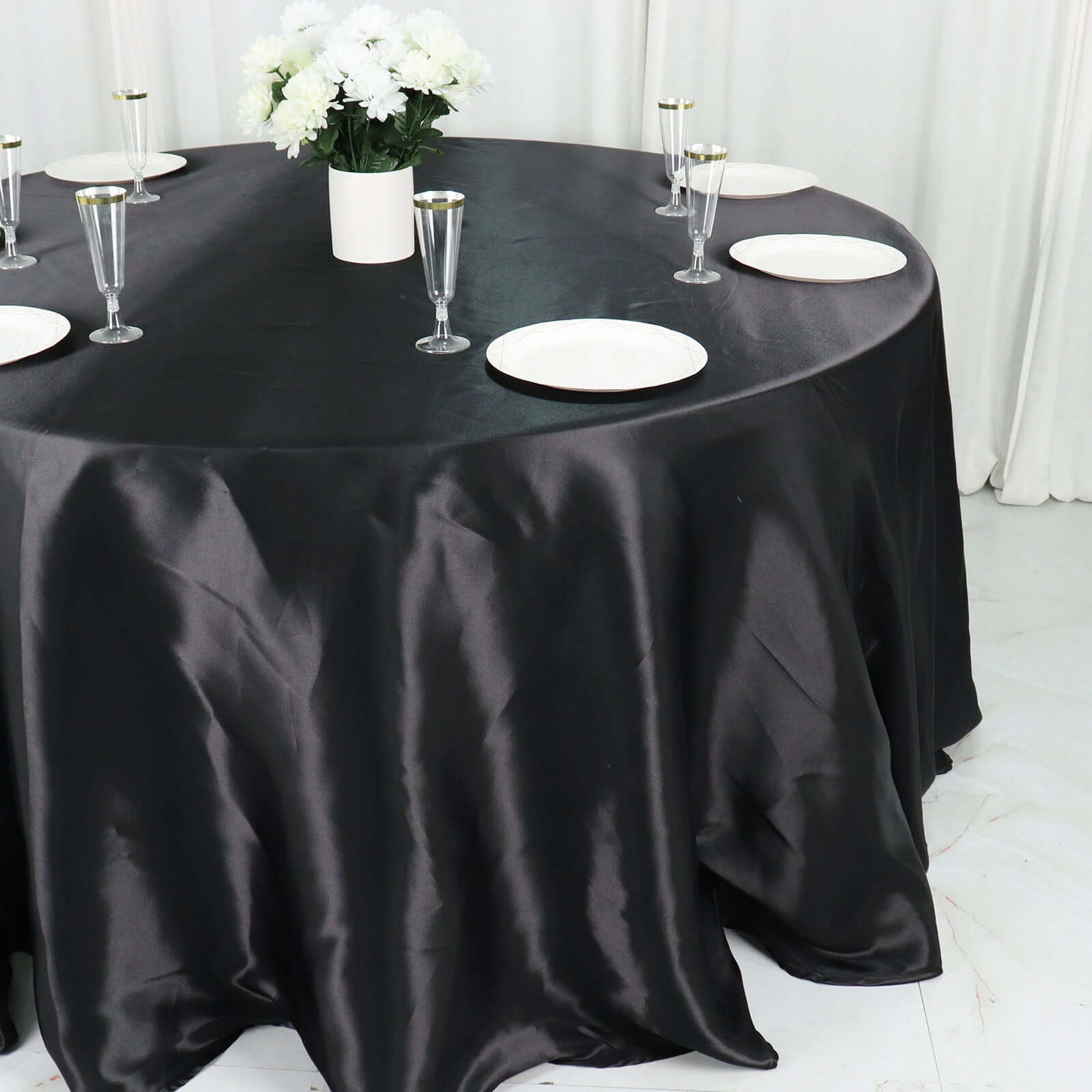 Satin 132" Round Tablecloth Black - Stylish Seamless Table Cover for Weddings & Events