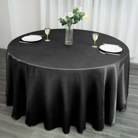 Satin 120" Round Tablecloth Black - Stylish Seamless Table Cover for Weddings & Events