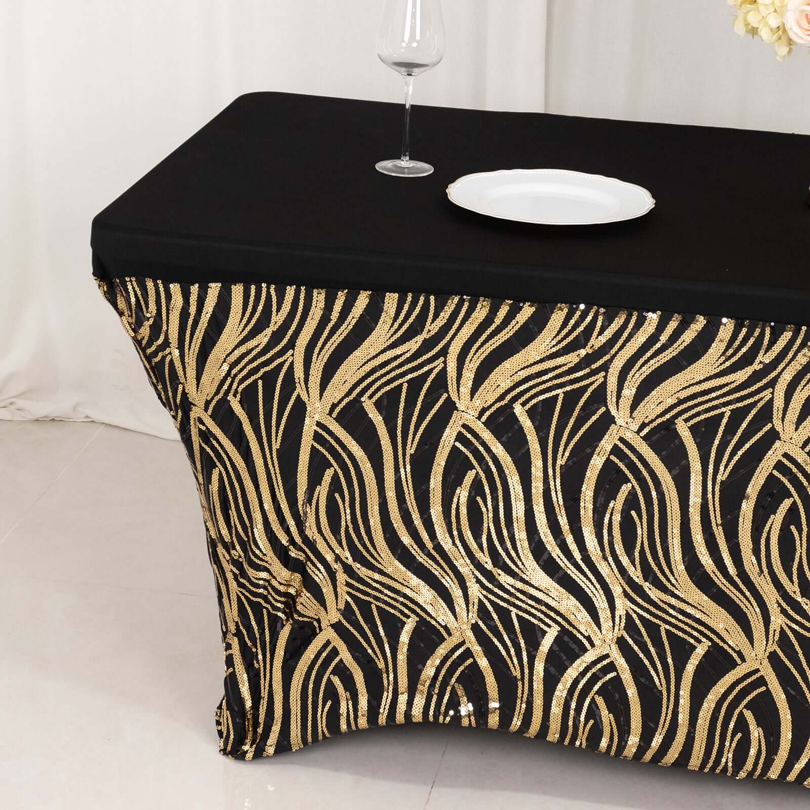 Sequin Stretch Spandex 72"x30" Rectangle Tablecloth Black/Gold Wave Embroidered Design Four-Way Stretch Shimmering Table Cover for Luxe Event Decor