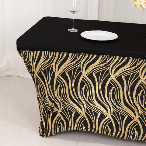 Sequin Stretch Spandex 72"x30" Rectangle Tablecloth Black/Gold Wave Embroidered Design Four-Way Stretch Shimmering Table Cover for Luxe Event Decor