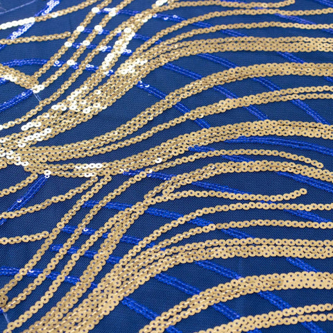 Sequin Mesh 120" Round Tablecloth Royal Blue/Gold - Seamless Wave Embroidered Table Cover