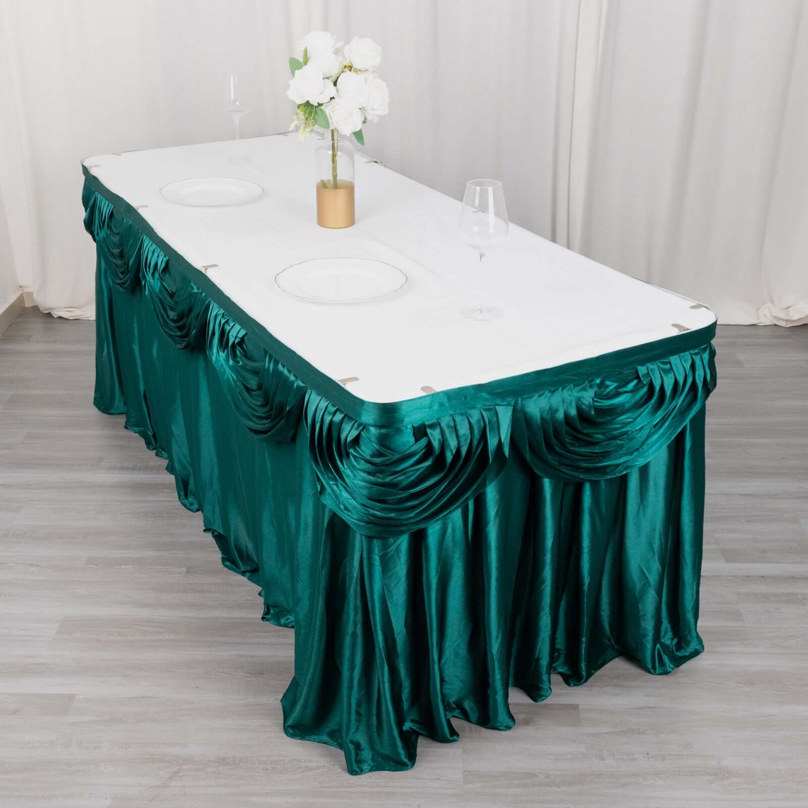 Satin 14ft Table Skirt Peacock Teal - Pleated Double Drape Table Cover