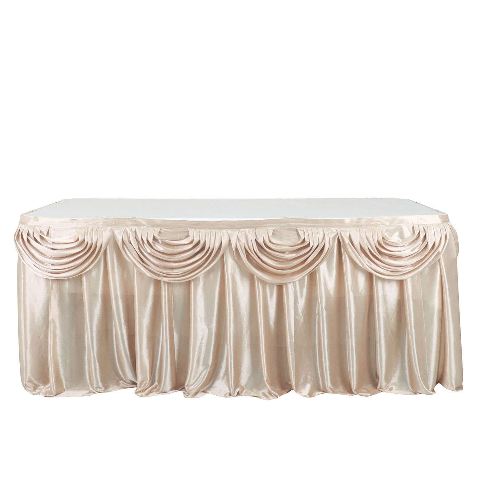 Satin 14ft Table Skirt Beige - Pleated Double Drape Table Cover