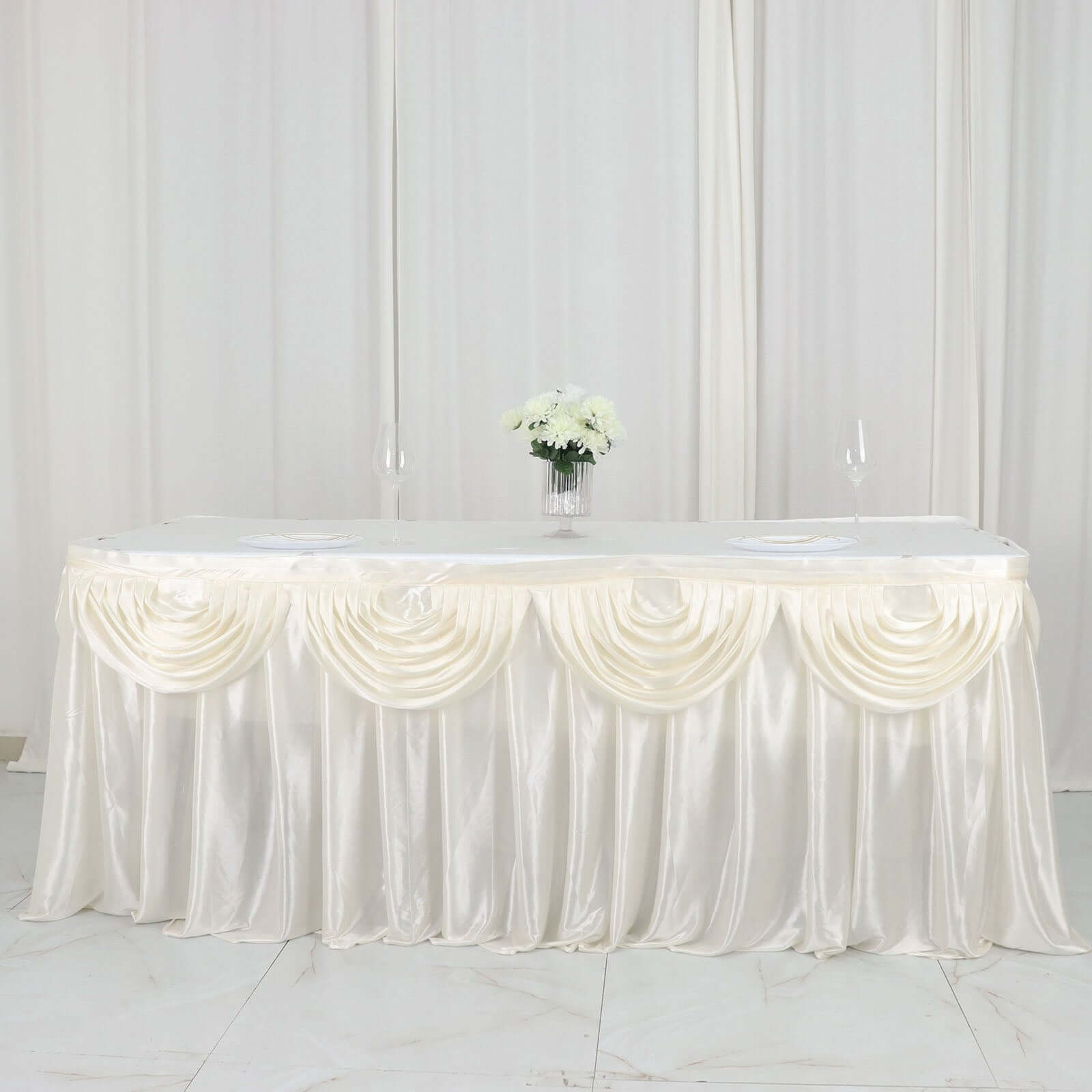 Satin 14ft Table Skirt Ivory - Pleated Double Drape Table Cover