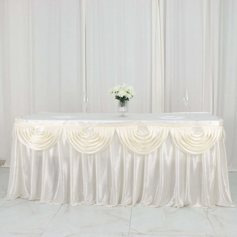 Satin 14ft Table Skirt Ivory - Pleated Double Drape Table Cover
