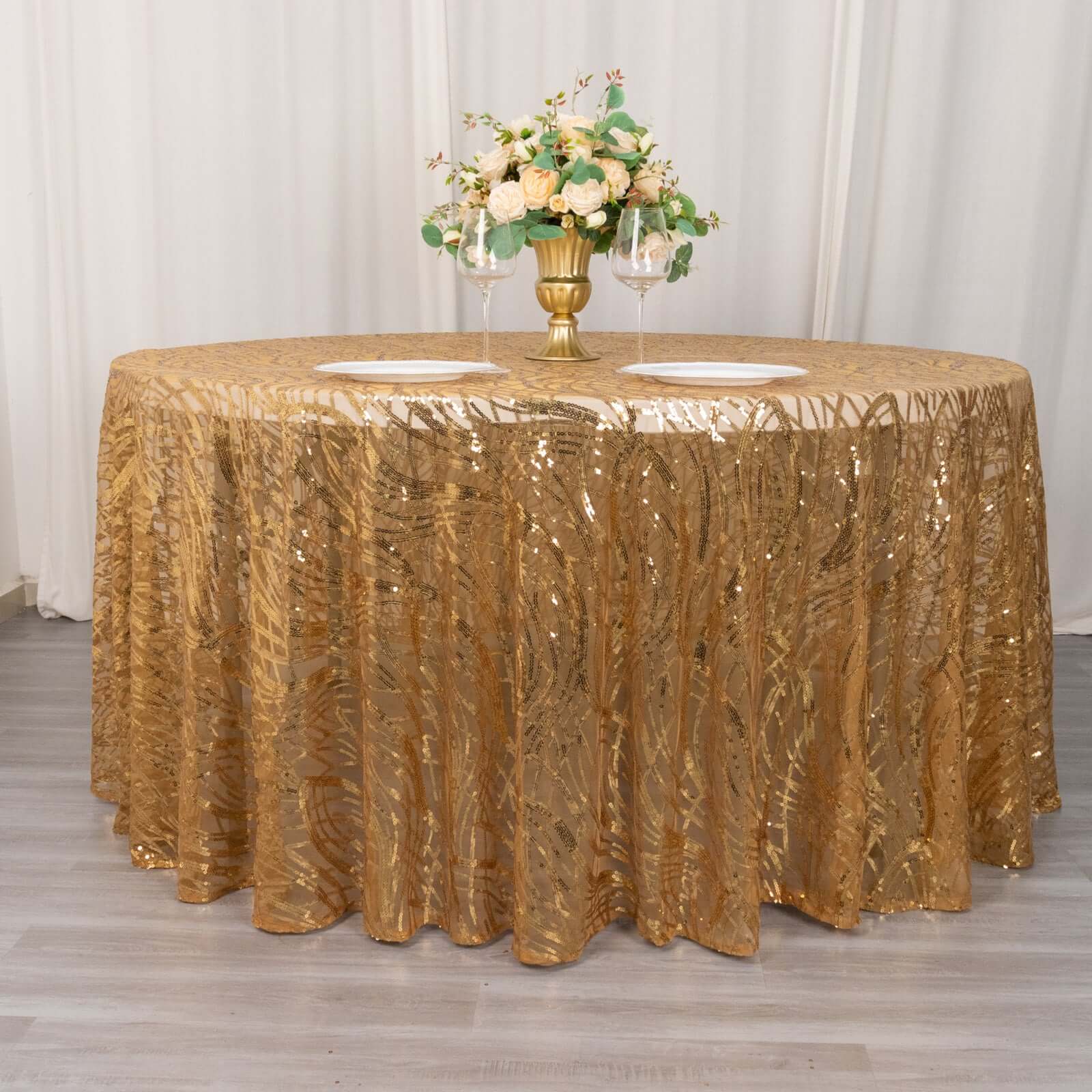 Sequin Mesh 120" Round Tablecloth Gold - Seamless Wave Embroidered Design for Stylish Events