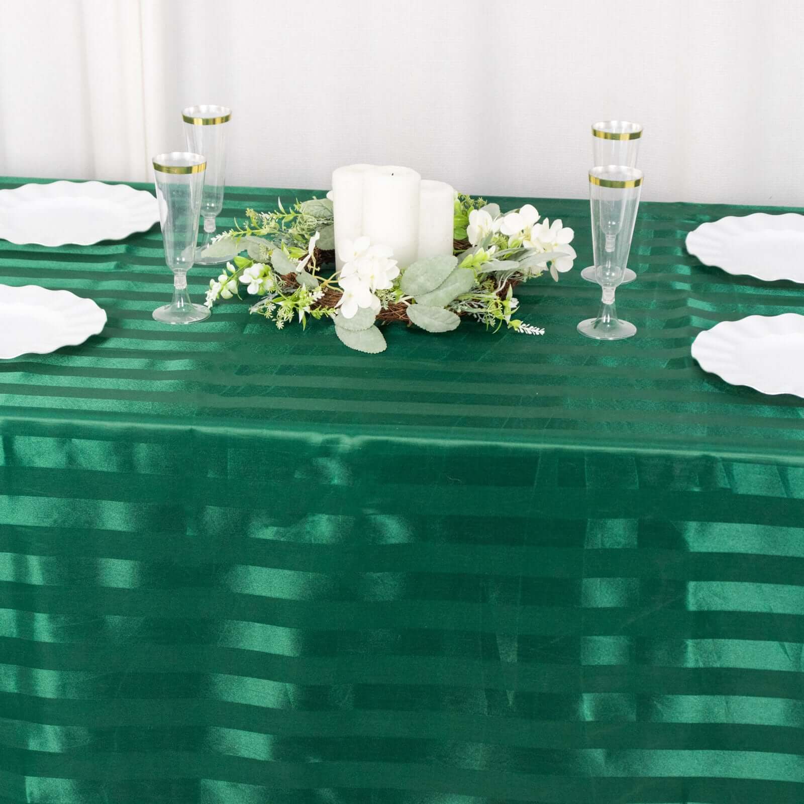 Satin Striped 90"x132" Rectangular Tablecloth Hunter Emerald Green - Seamless Silky Smooth Table Cover