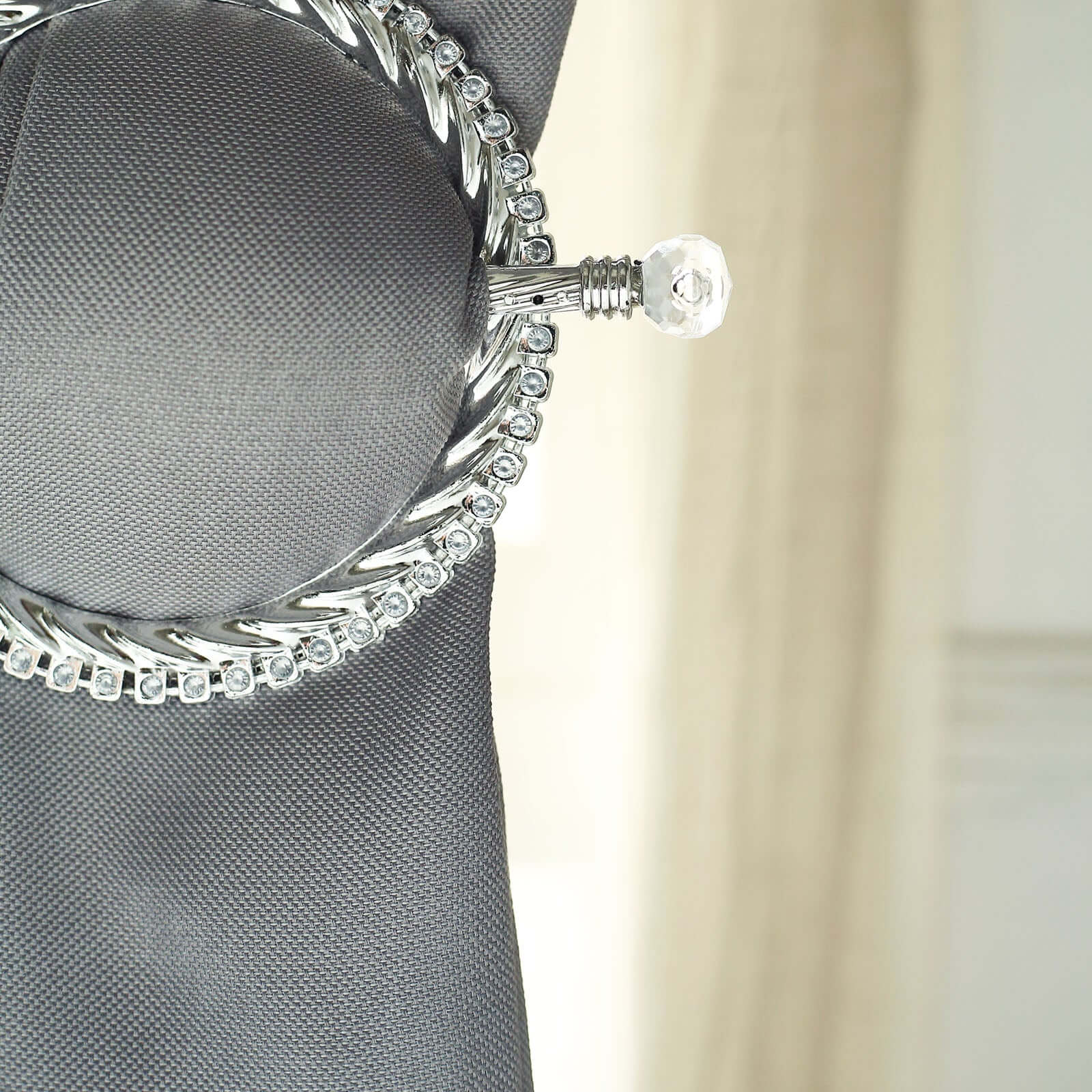 Set of 2 6" Silver Acrylic Braided Barrette Style Curtain Tie Backs With Crystal Diamond Studded Edge, Round Backdrop Drapery Brooch Holdbacks