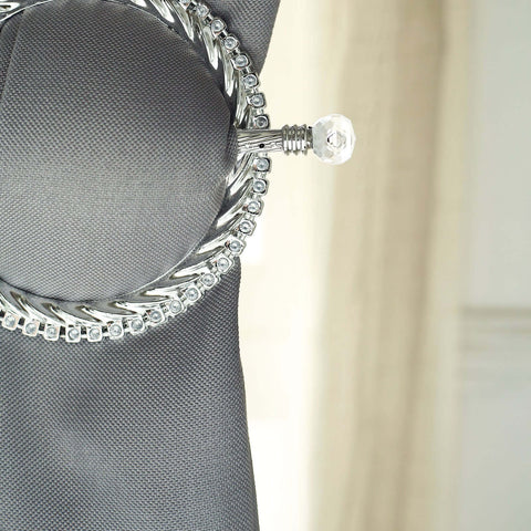 Set of 2 6" Silver Acrylic Braided Barrette Style Curtain Tie Backs With Crystal Diamond Studded Edge, Round Backdrop Drapery Brooch Holdbacks