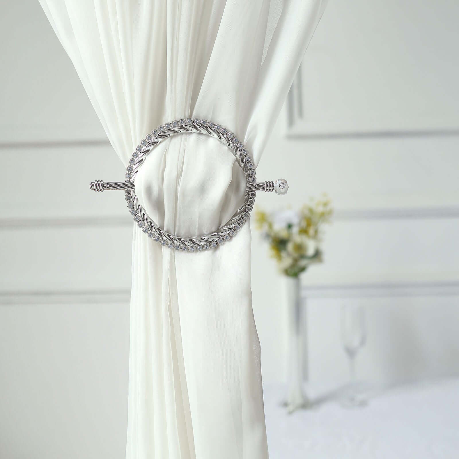 Set of 2 6" Silver Acrylic Braided Barrette Style Curtain Tie Backs With Crystal Diamond Studded Edge, Round Backdrop Drapery Brooch Holdbacks