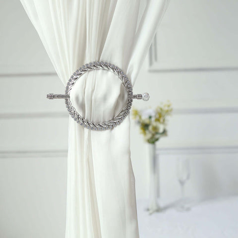 Set of 2 6" Silver Acrylic Braided Barrette Style Curtain Tie Backs With Crystal Diamond Studded Edge, Round Backdrop Drapery Brooch Holdbacks