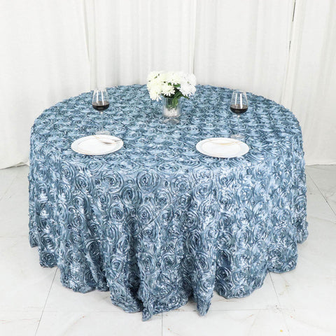 Satin 120" Round Tablecloth Dusty Blue - Grandiose 3D Rosette with Seamless Finish Table Cover