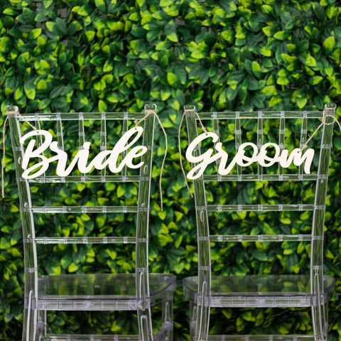 Set of 2 Bride and Groom Chair Signs Natural Wood - Charming Calligraphy Wall Hanging Wedding Decor & Props 12"x5"