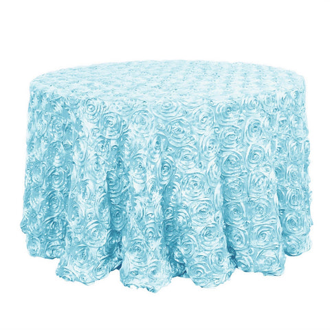 Satin 120" Round Tablecloth Light Blue - Grandiose 3D Rosette with Seamless Finish Table Cover