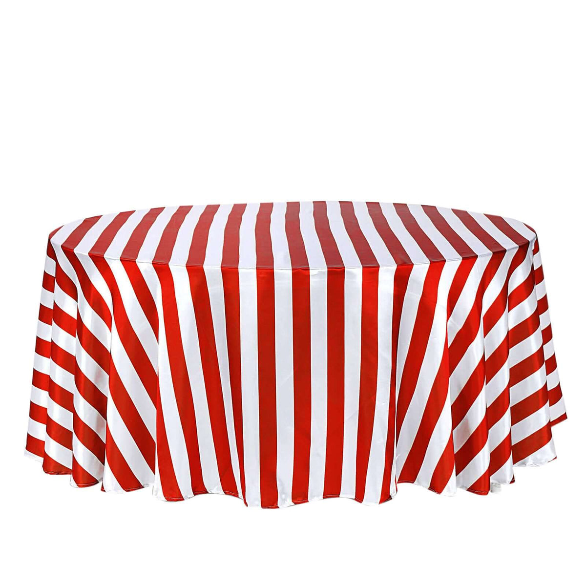 Satin 120" Round Tablecloth Red/White - Stripe Design with Seamless Silky Smooth Finish Table Cover