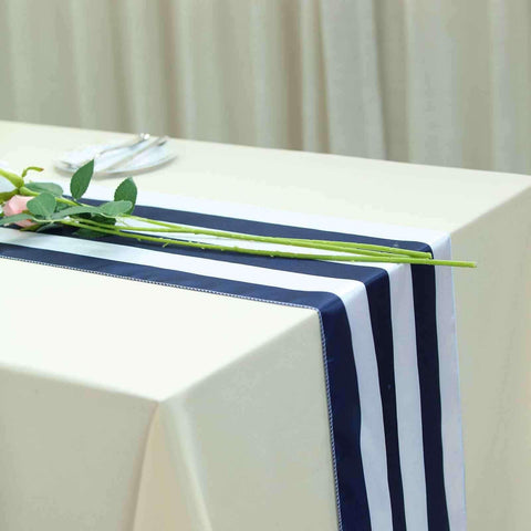 Satin 12"x108" Table Runner Navy Blue/White Stripe - Classic Striped Design