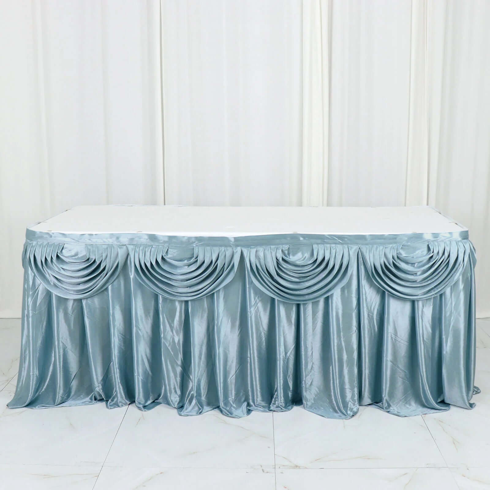 Satin 14ft Table Skirt Dusty Blue - Pleated Double Drape Table Cover