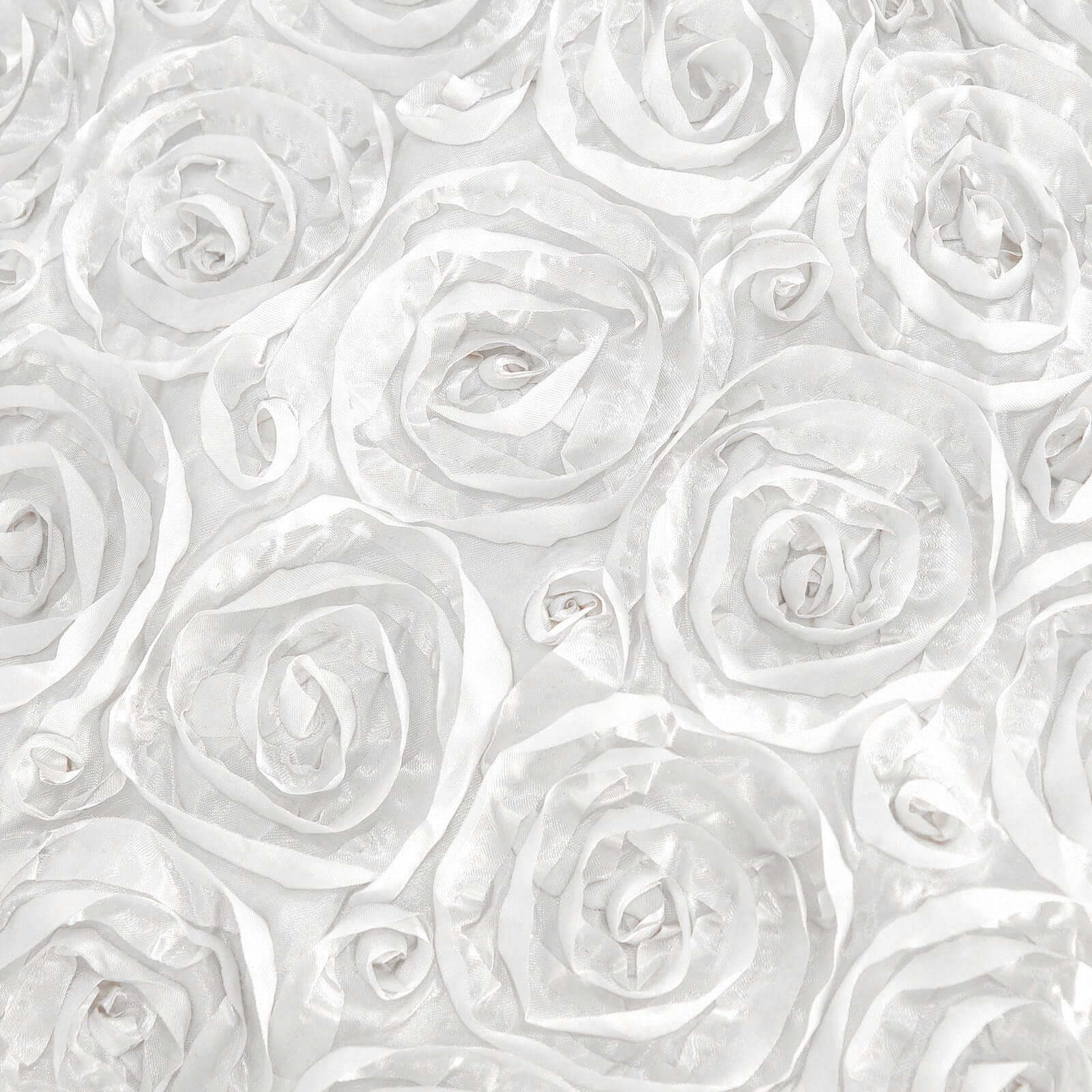 Satin 120" Round Tablecloth White - Grandiose 3D Rosette Design with Seamless Finish for Luxe Events