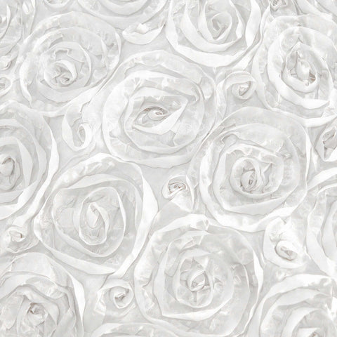 Satin 120" Round Tablecloth White - Grandiose 3D Rosette Design with Seamless Finish for Luxe Events