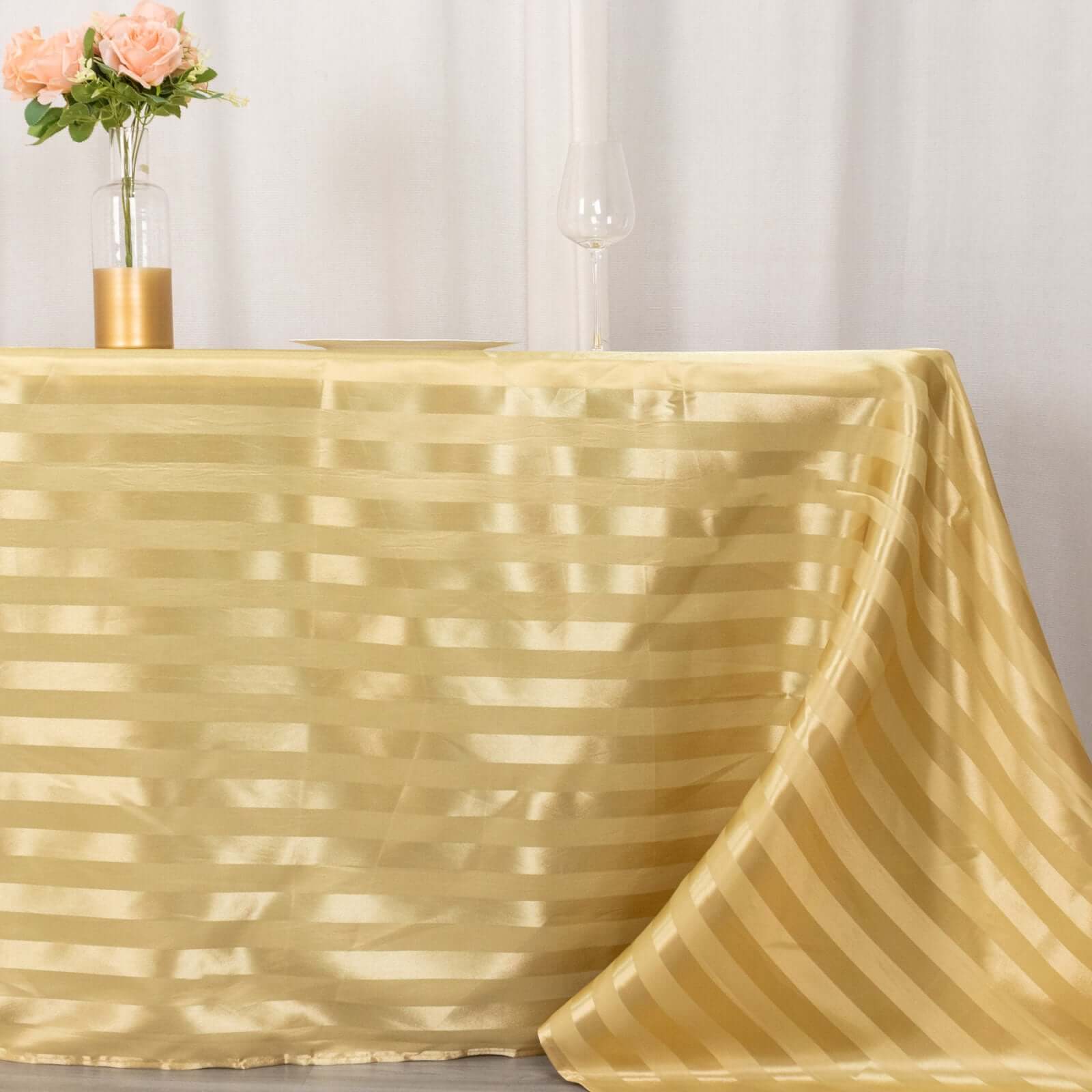 Satin Striped 90"x132" Rectangular Tablecloth Champagne - Seamless Silky Smooth Table Cover