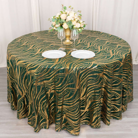 Sequin Mesh 120" Round Tablecloth Hunter Emerald Green/Gold - Seamless Wave Embroidered Table Cover