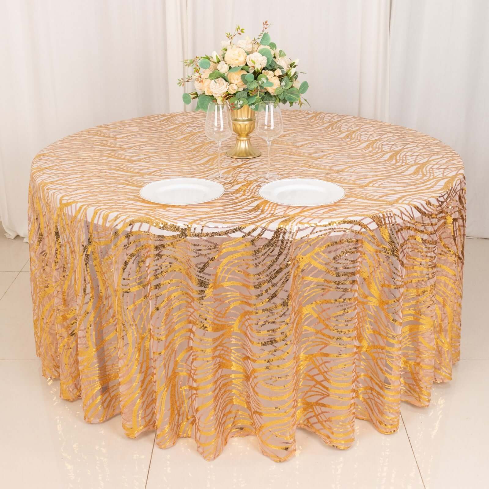 Sequin Mesh 120" Round Tablecloth Rose Gold/Gold - Seamless Wave Embroidered Table Cover