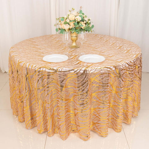 Sequin Mesh 120" Round Tablecloth Rose Gold/Gold - Seamless Wave Embroidered Table Cover