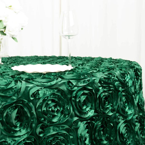 Satin 120" Round Tablecloth Hunter Emerald Green - Grandiose 3D Rosette with Seamless Finish Table Cover