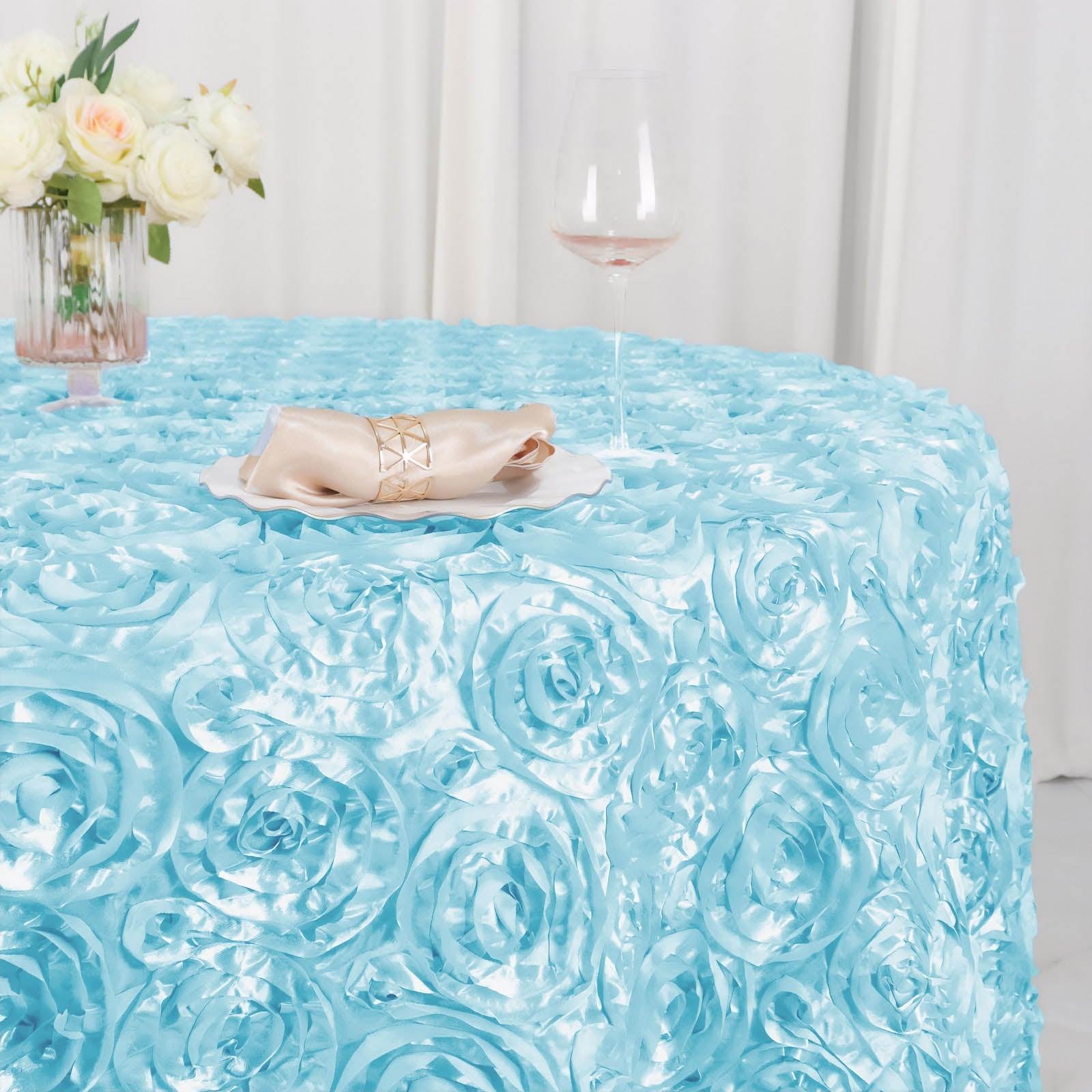 Satin 120" Round Tablecloth Light Blue - Grandiose 3D Rosette with Seamless Finish Table Cover