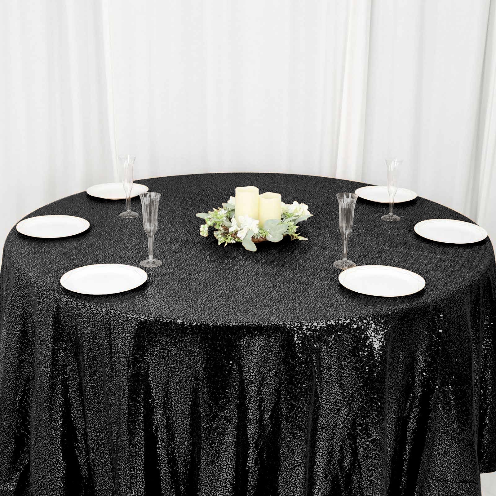 Sequin 120" Round Tablecloth Black - Seamless Glittering Table Cover